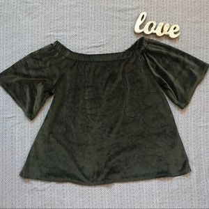 Millibon Green Velvety Ribbed Off-Shoulder Top